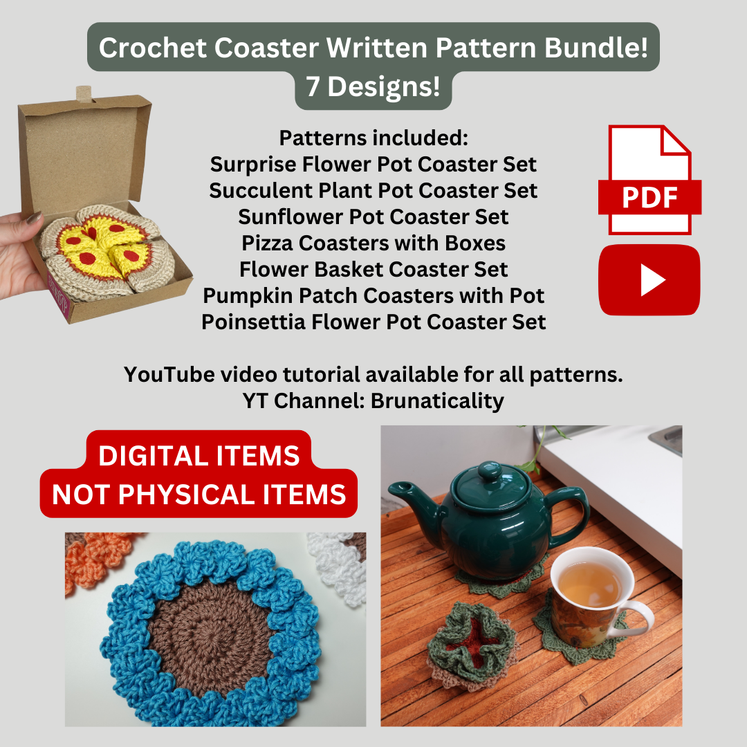 Crochet Pattern Bundle, 7 Crochet Coaster Patterns, Crochet Coaster, Crochet Plant Pot Coaster, Brunaticality