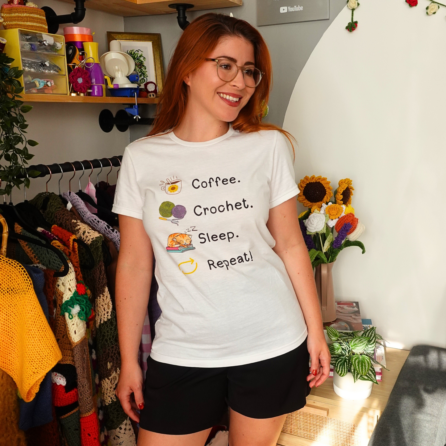Coffee. Crochet. Sleep. Repeat! Fitted T-shirt by Brunaticality