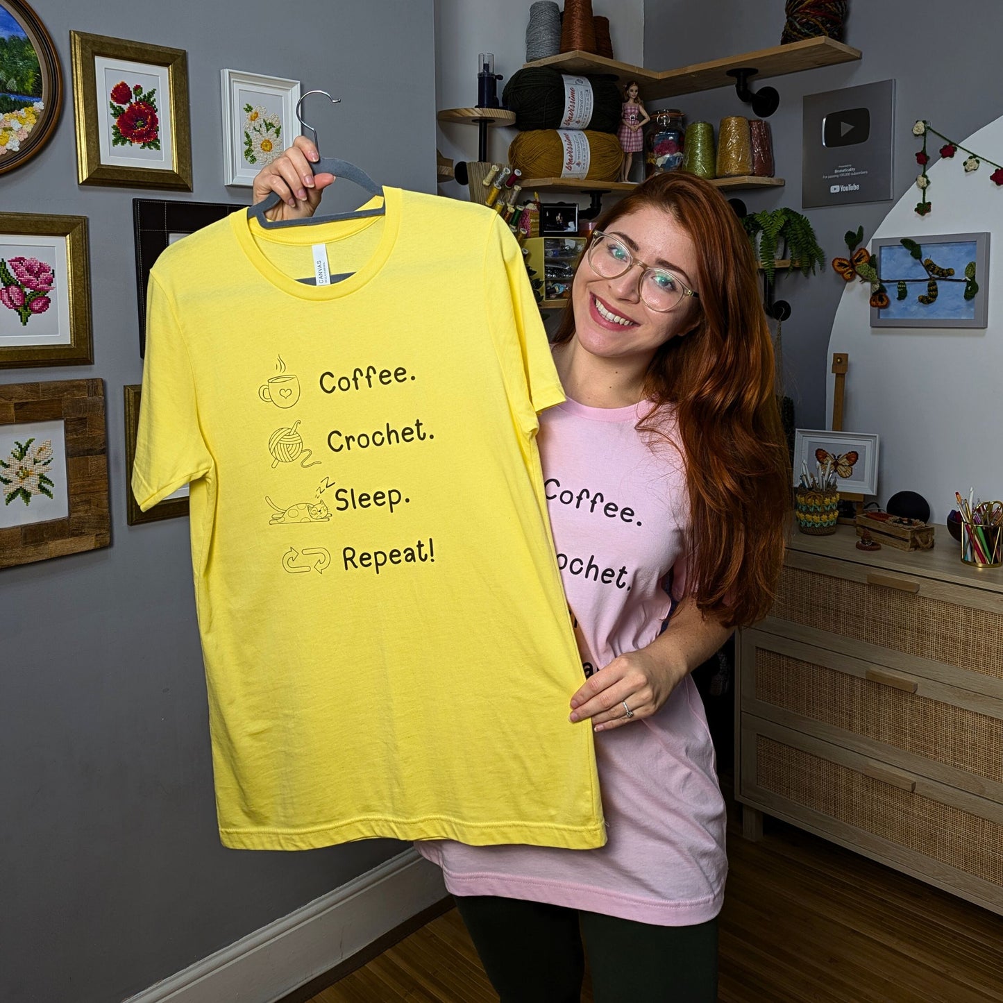 Coffee. Crochet. Sleep. Repeat! Colourful Relaxed Fit T-shirt by Brunaticality