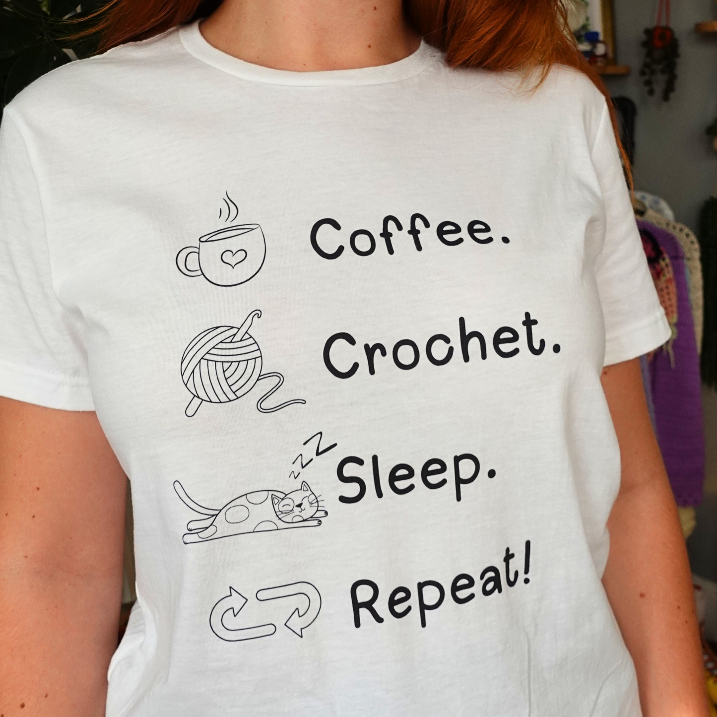 Coffee. Crochet. Sleep. Repeat! Fitted T-shirt by Brunaticality