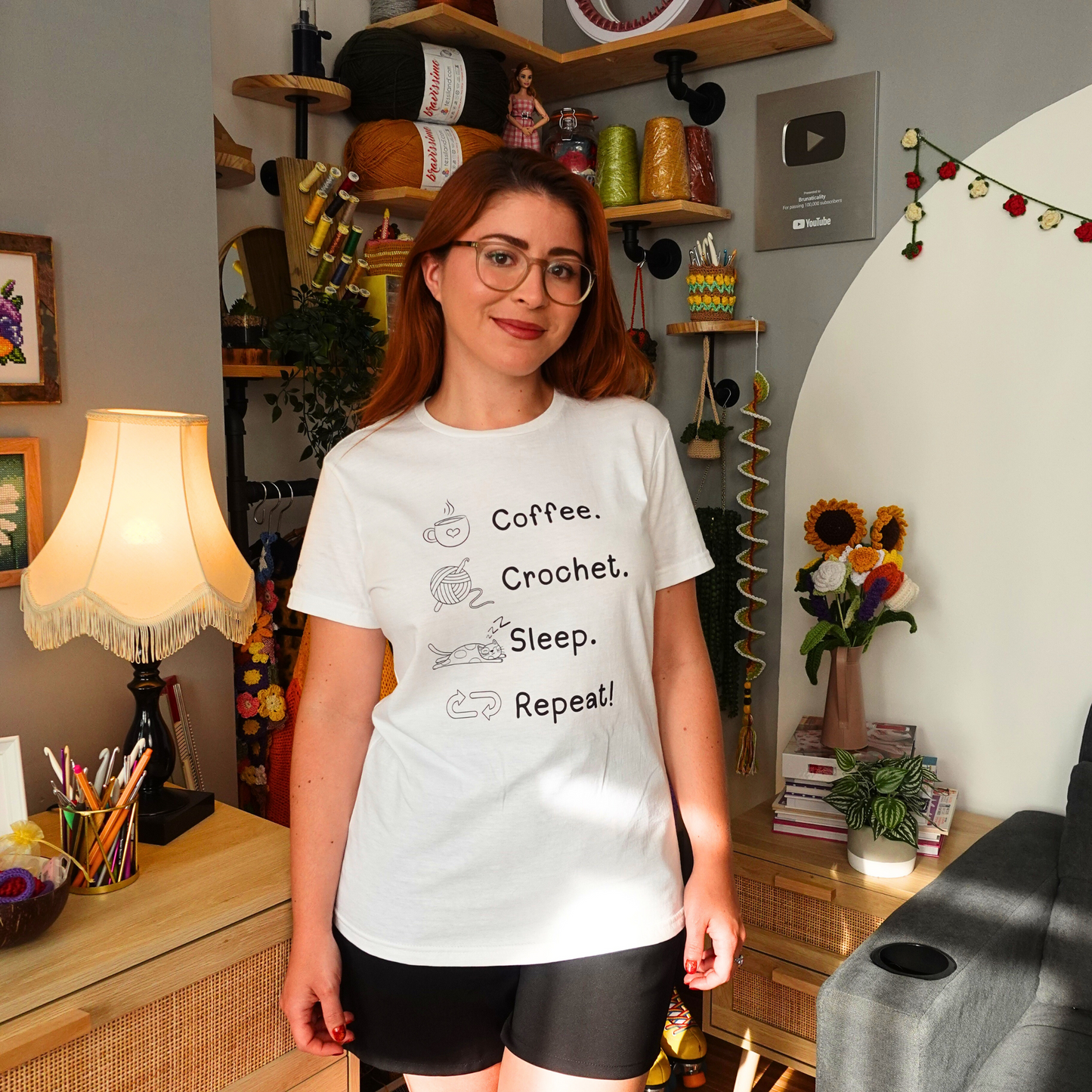 Coffee. Crochet. Sleep. Repeat! Fitted T-shirt by Brunaticality