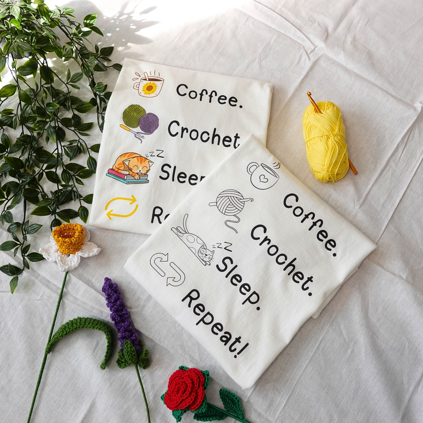 Coffee. Crochet. Sleep. Repeat! Fitted T-shirt by Brunaticality