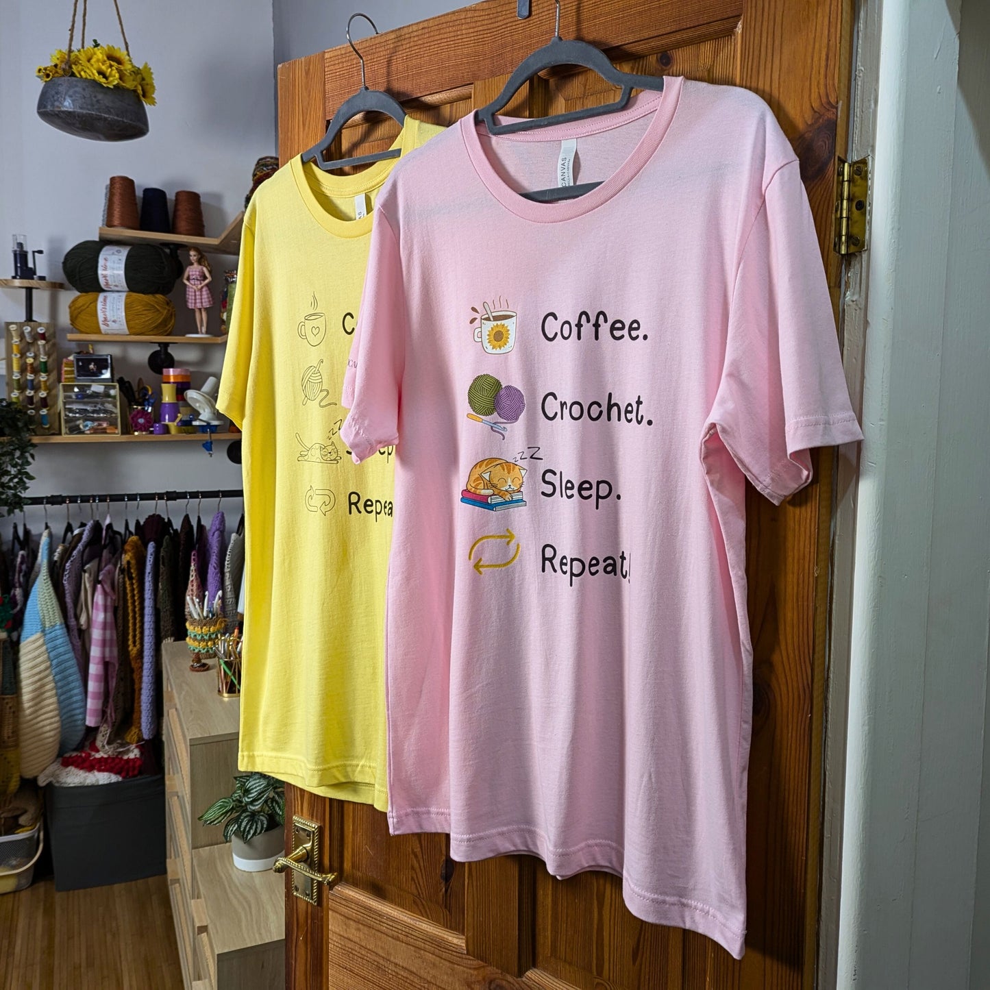 Coffee. Crochet. Sleep. Repeat! Colourful Relaxed Fit T-shirt by Brunaticality