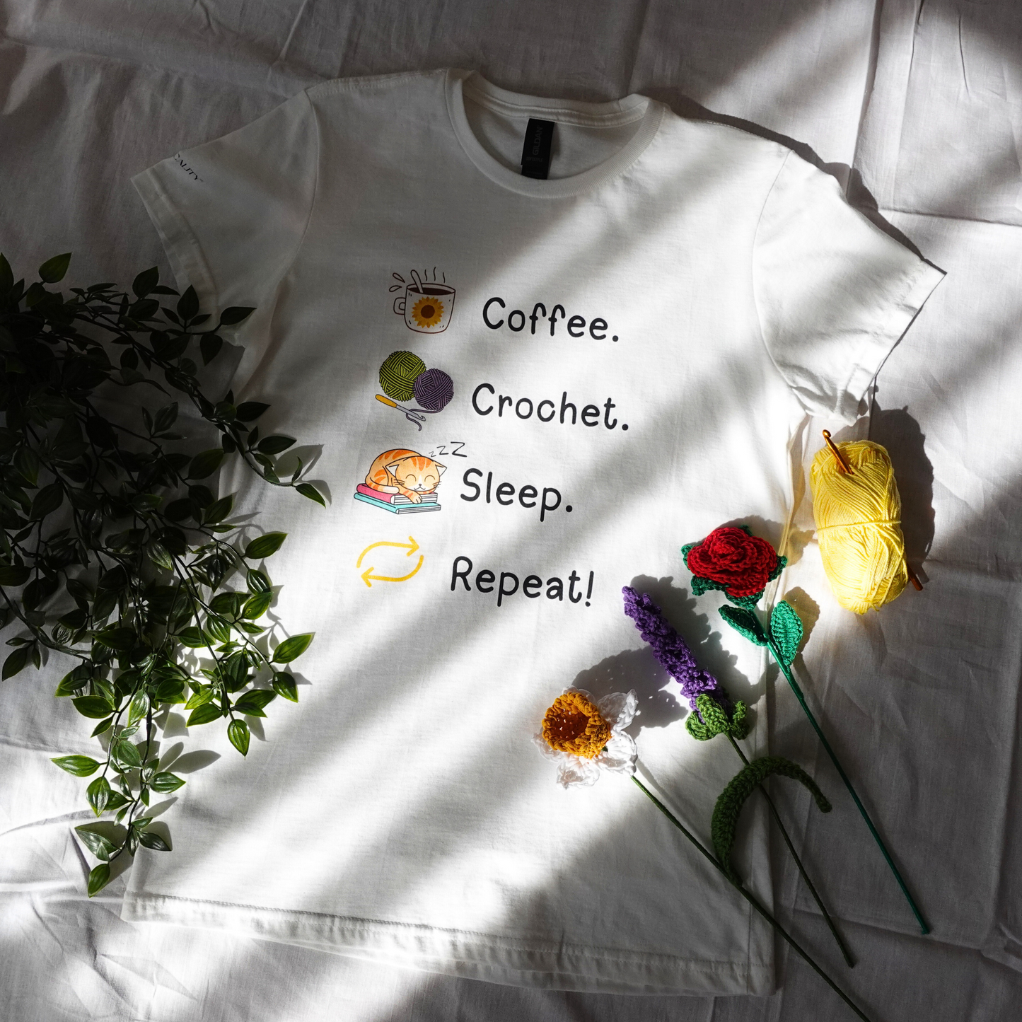 Coffee. Crochet. Sleep. Repeat! Fitted T-shirt by Brunaticality