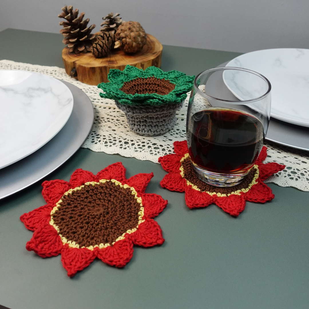 Crochet Poinsettia Flower Pot Coaster Set Written Pattern, Brunaticality