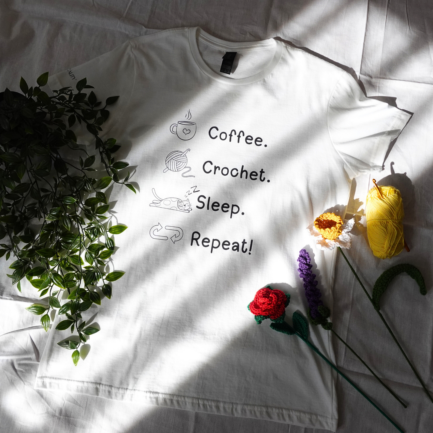 Coffee. Crochet. Sleep. Repeat! Fitted T-shirt by Brunaticality