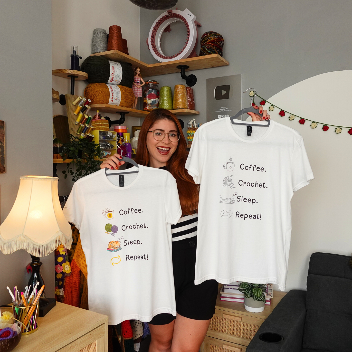 Coffee. Crochet. Sleep. Repeat! Fitted T-shirt by Brunaticality