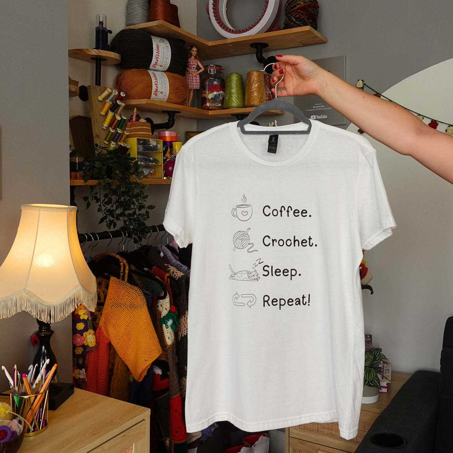 Coffee. Crochet. Sleep. Repeat! Fitted T-shirt by Brunaticality