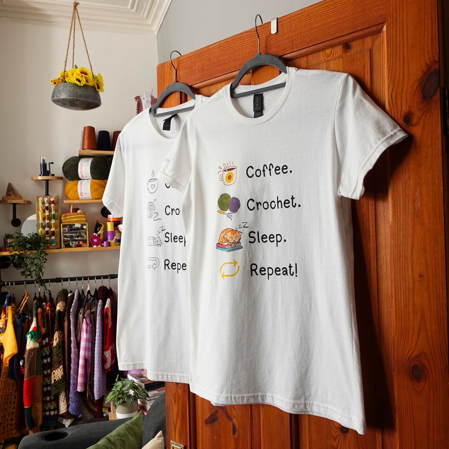 Coffee. Crochet. Sleep. Repeat! Fitted T-shirt by Brunaticality
