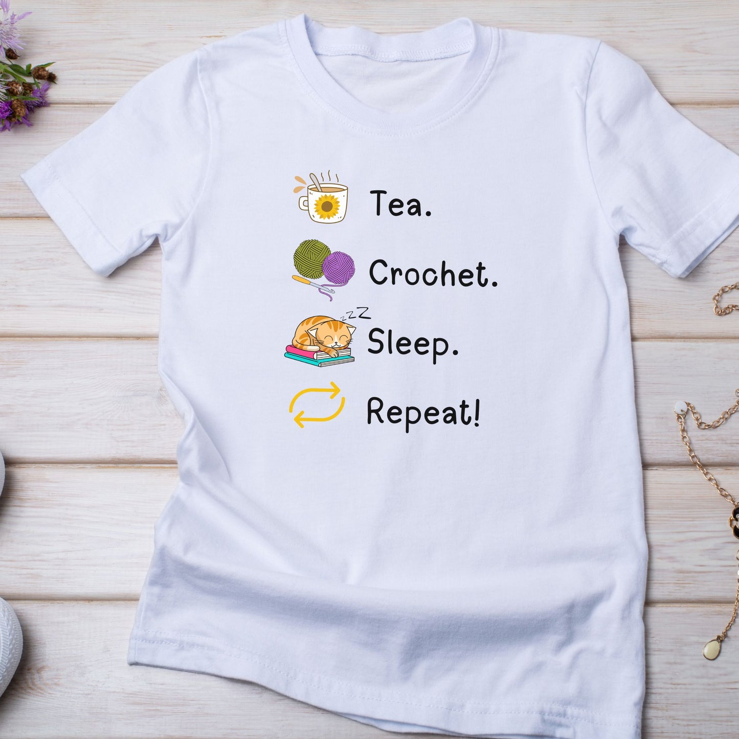 Tea. Crochet. Sleep. Repeat! Colourful Fitted T-shirt by Brunaticality