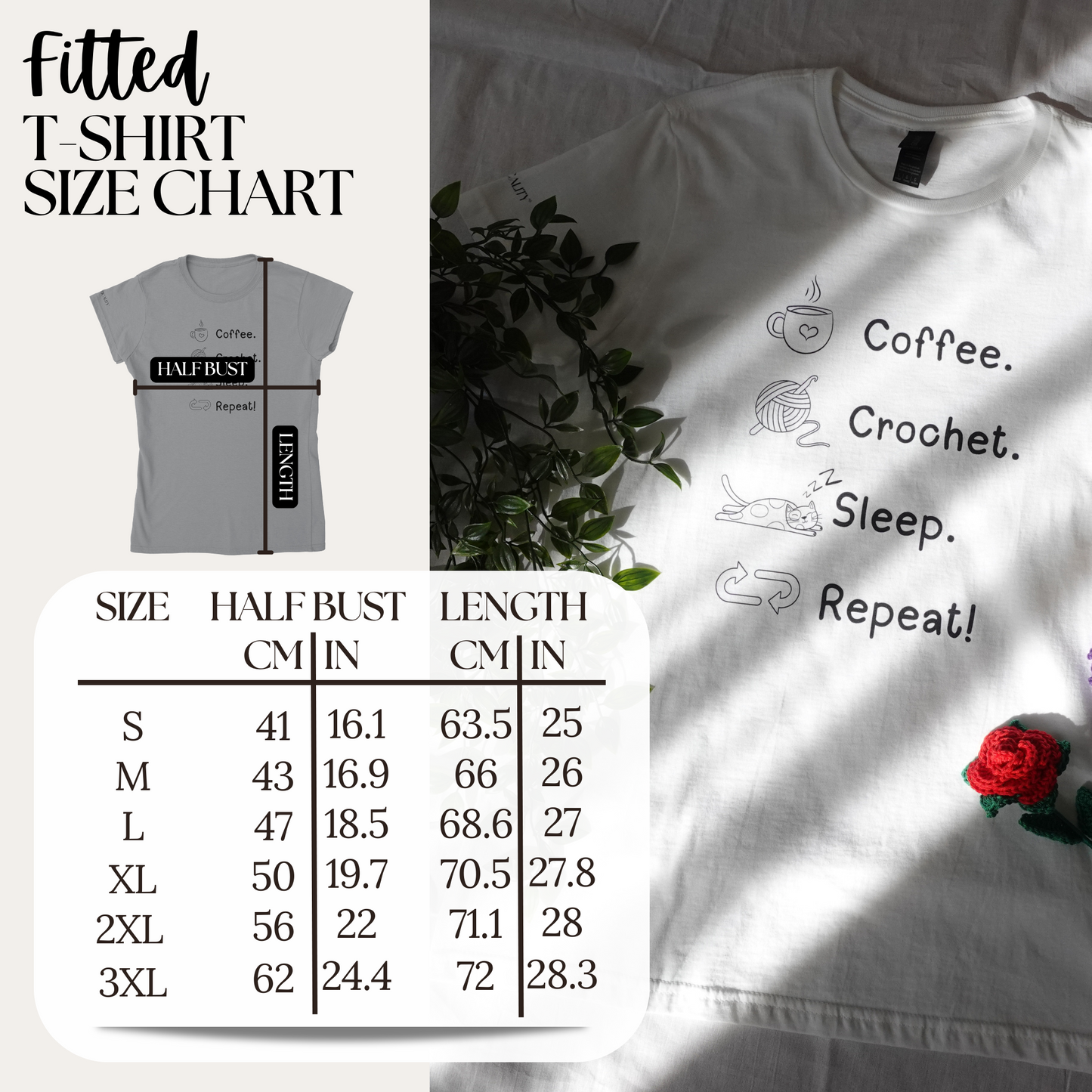 Coffee. Crochet. Sleep. Repeat! Fitted T-shirt by Brunaticality