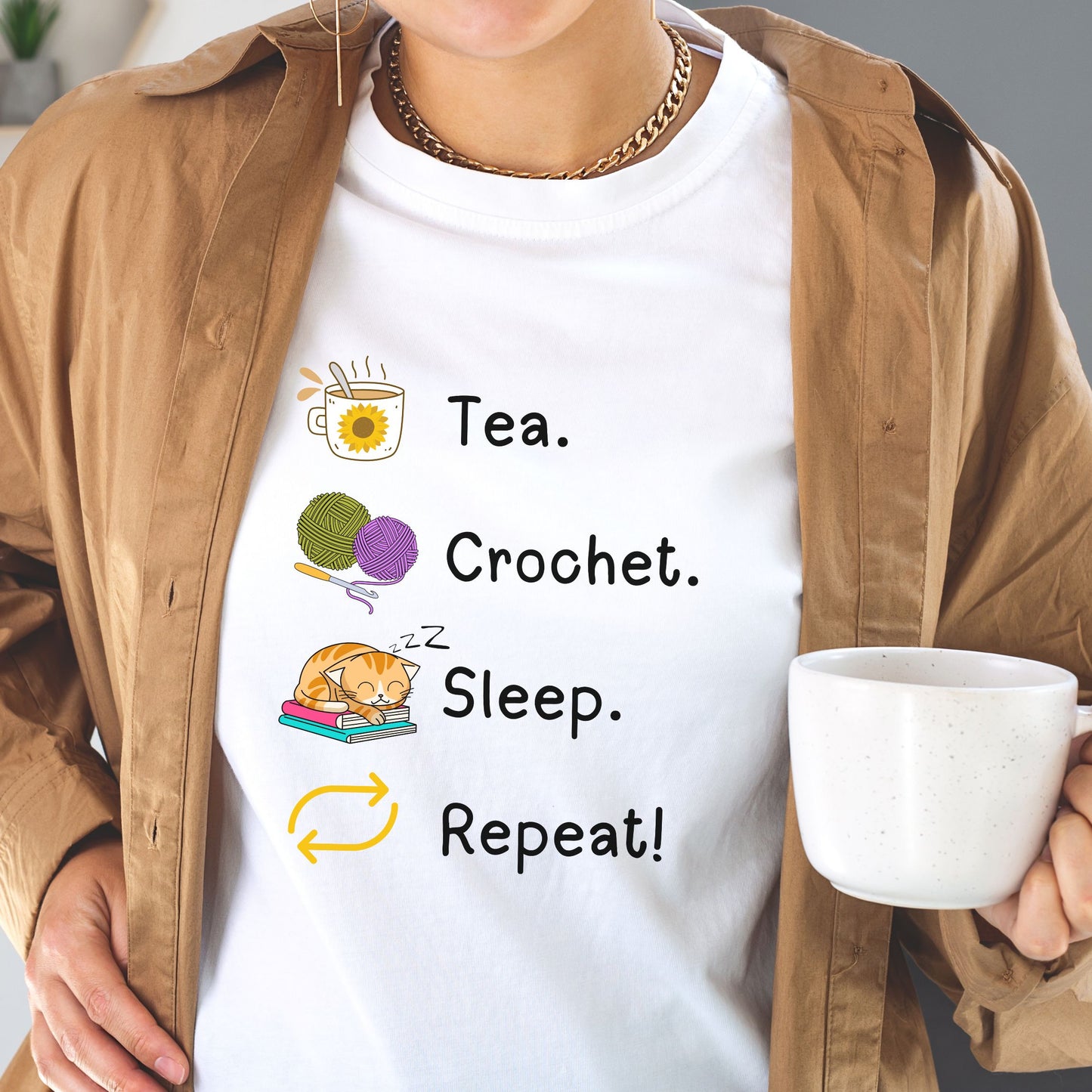 Tea. Crochet. Sleep. Repeat! Colourful Fitted T-shirt by Brunaticality
