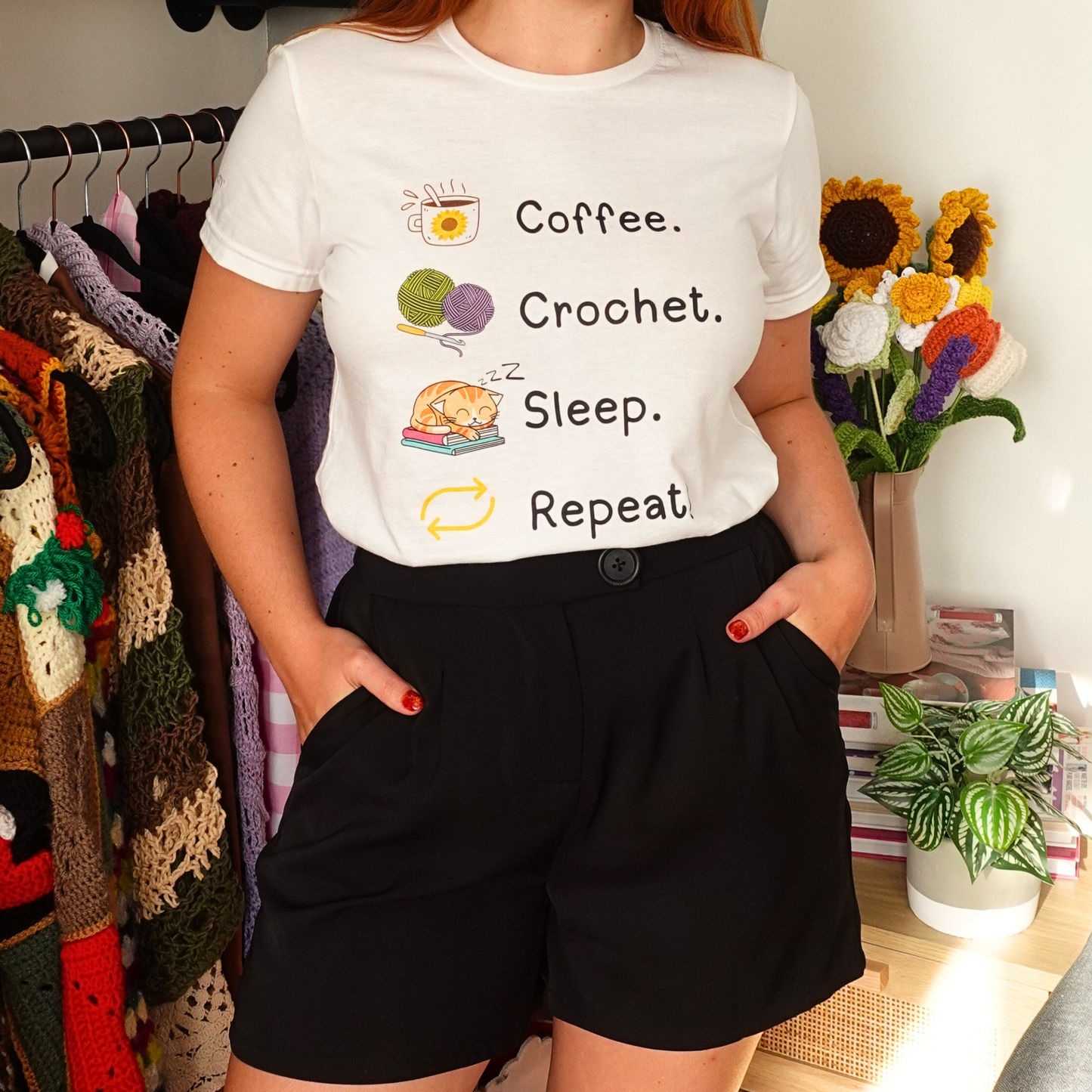 Coffee. Crochet. Sleep. Repeat! Fitted T-shirt by Brunaticality
