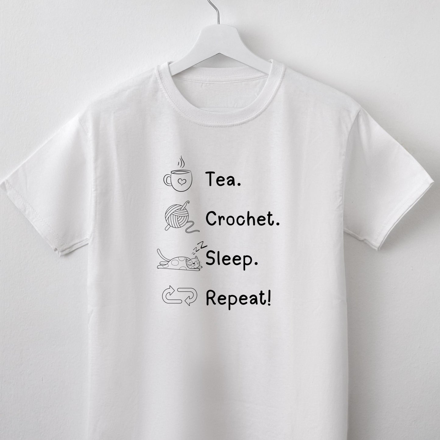 Tea. Crochet. Sleep. Repeat! Colourful Fitted T-shirt by Brunaticality