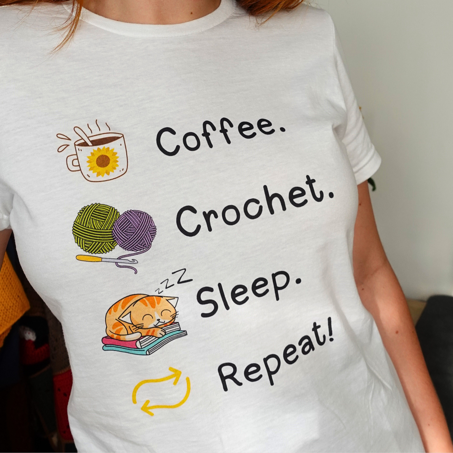 Coffee. Crochet. Sleep. Repeat! Fitted T-shirt by Brunaticality