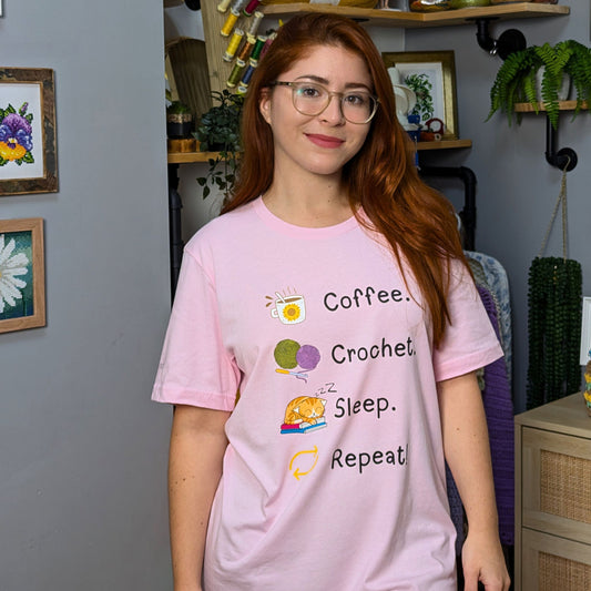 Coffee. Crochet. Sleep. Repeat! Colourful Relaxed Fit T-shirt by Brunaticality