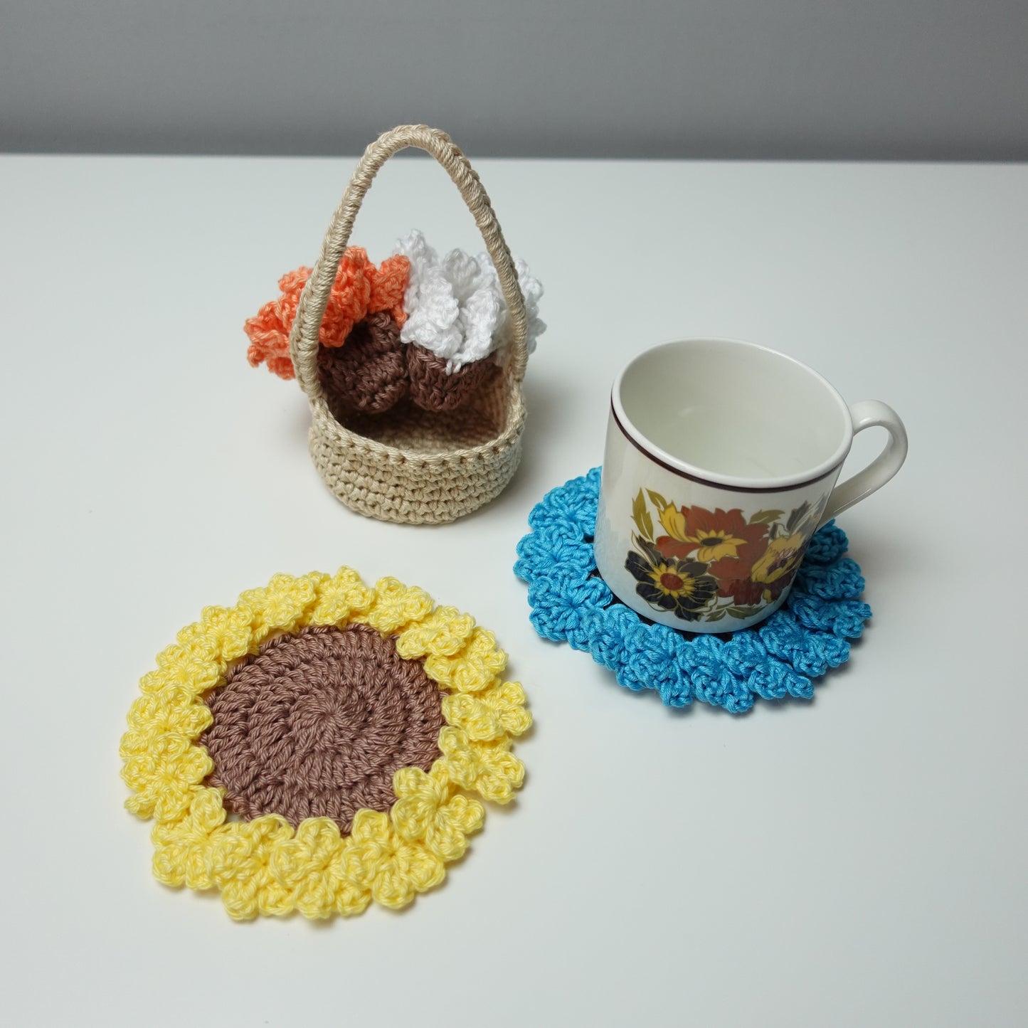 Crochet Basket Flower Coaster Set, Crochet Written Pattern, Crochet Coaster, Crochet Plant Pot Coaster, Brunaticality