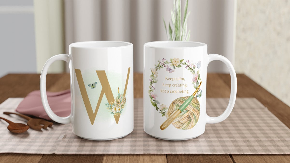 Personalised Floral Crochet Initial Mug - Custom Letter Gift for Crochet Lovers