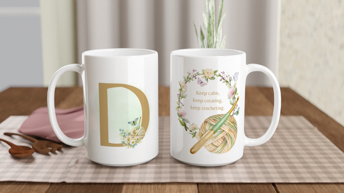 Personalised Floral Crochet Initial Mug - Custom Letter Gift for Crochet Lovers