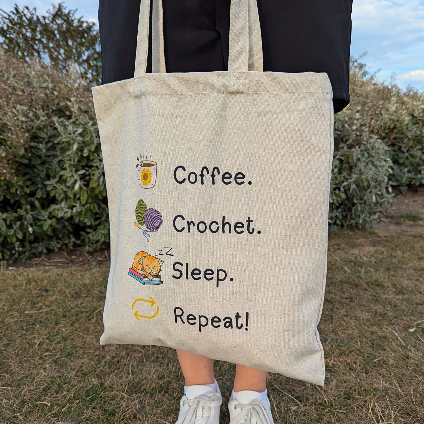 Coffee. Crochet. Sleep. Repeat! Tote Bag by Brunaticality