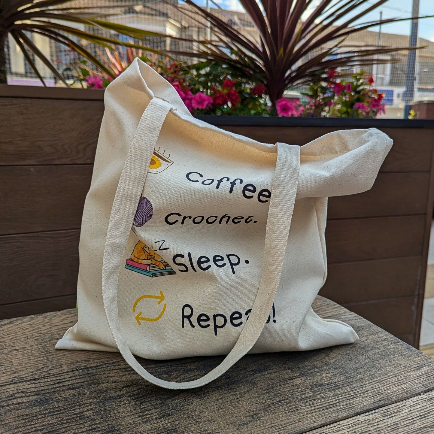 Coffee. Crochet. Sleep. Repeat! Tote Bag by Brunaticality