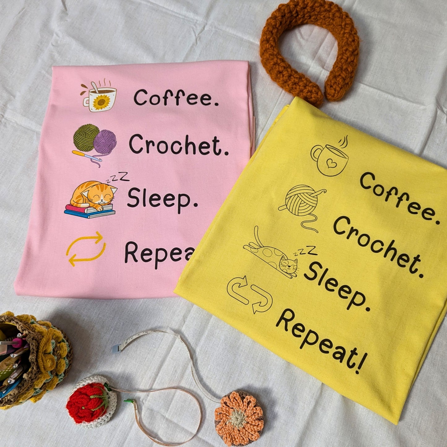 Coffee. Crochet. Sleep. Repeat! Colourful Relaxed Fit T-shirt by Brunaticality