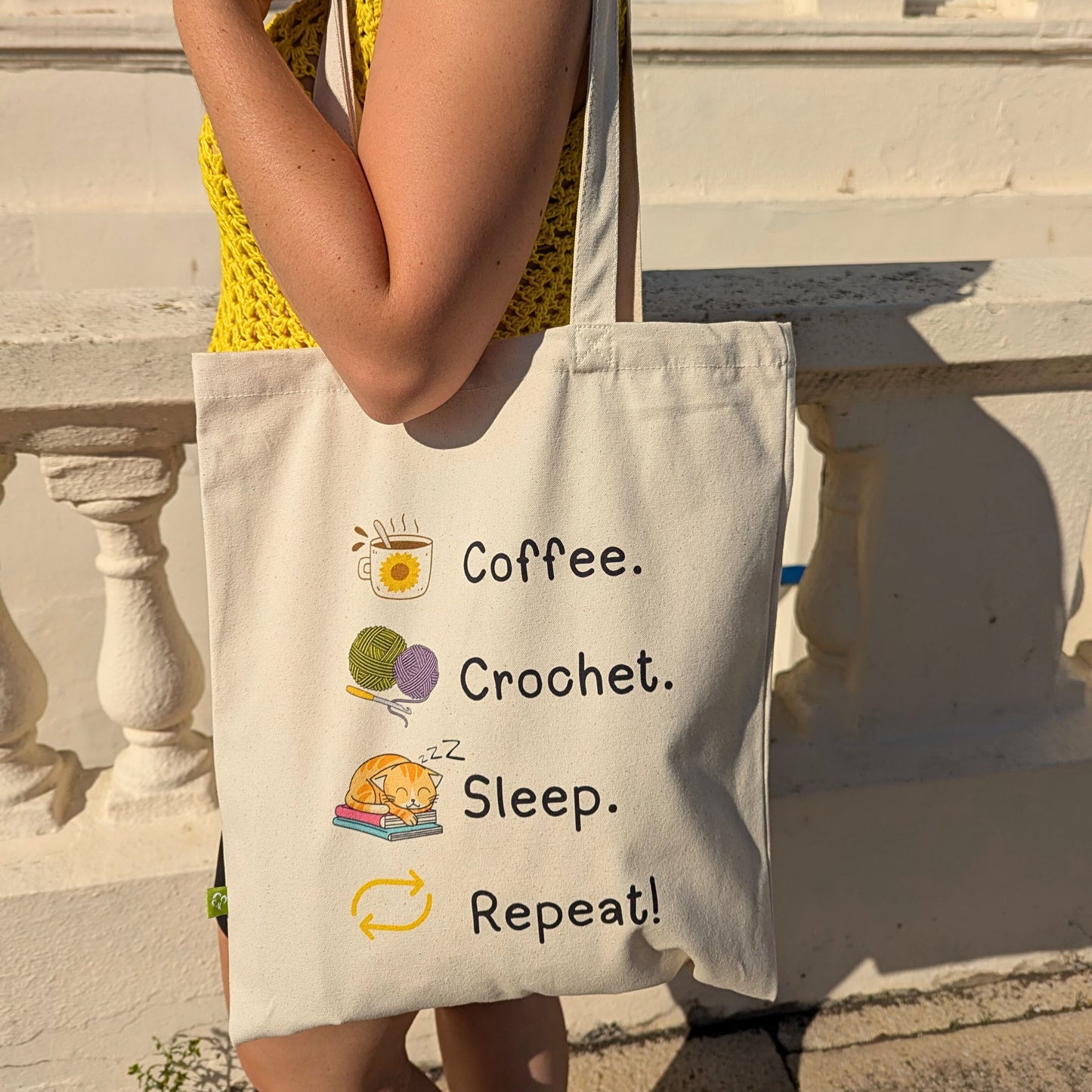 Coffee. Crochet. Sleep. Repeat! Tote Bag by Brunaticality