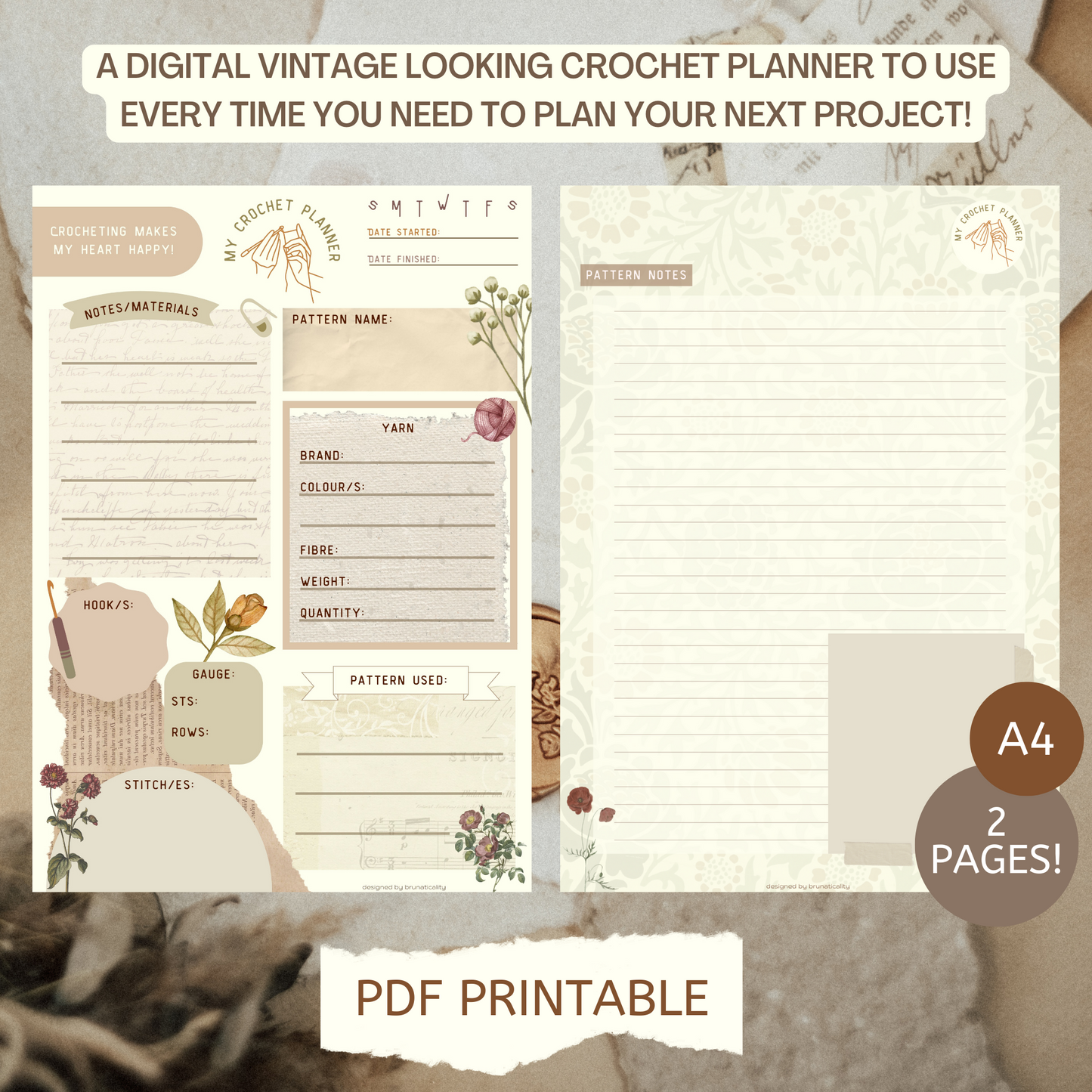 Vintage Printable Crochet Project Planner - Crochet Planner - Digital Crochet Planner - Crochet