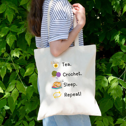 Tea. Crochet. Sleep. Repeat! Tote Bag by Brunaticality