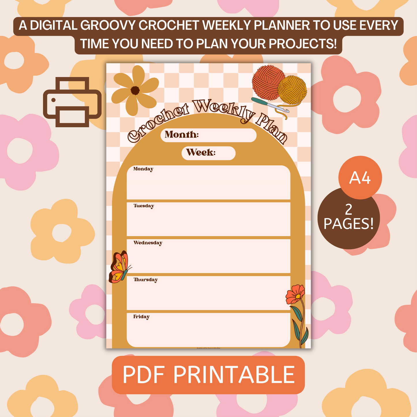 Groovy Printable Crochet Weekly Planner - Weekly Planner - Crochet Planner - Digital Crochet Planner - Crochet