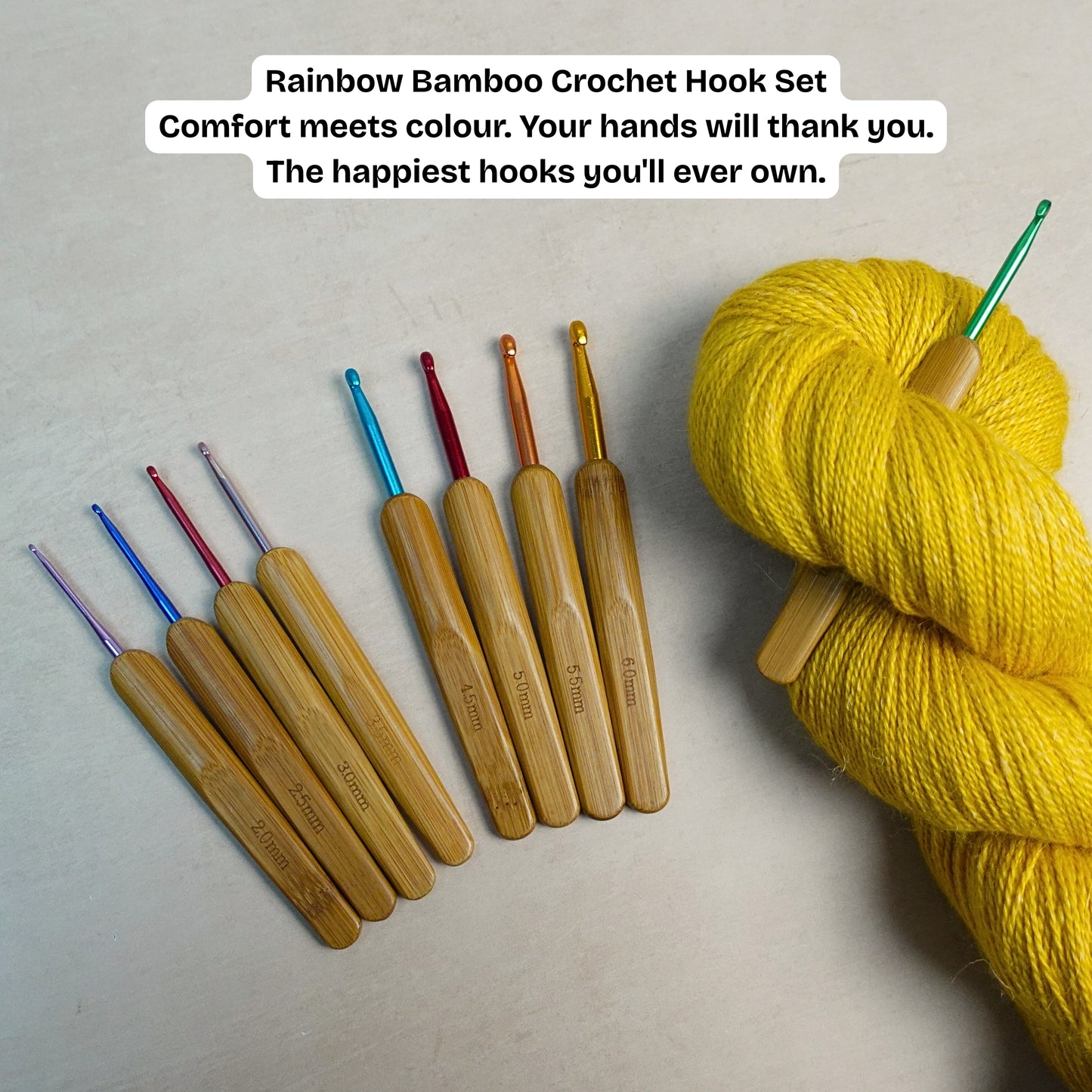Rainbow Bamboo Crochet Hook Set - Ergonomic Colourful Hooks + 5 Bonus Patterns (PDF), Perfect Gift for Crocheters