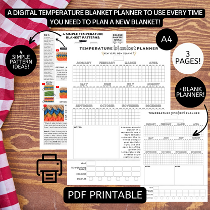 Crochet/Knitting Temperature Blanket Planner & 4 Simple CROCHET Pattern Ideas, Temperature Blanket Planner, Digital Crochet Planner, Crochet