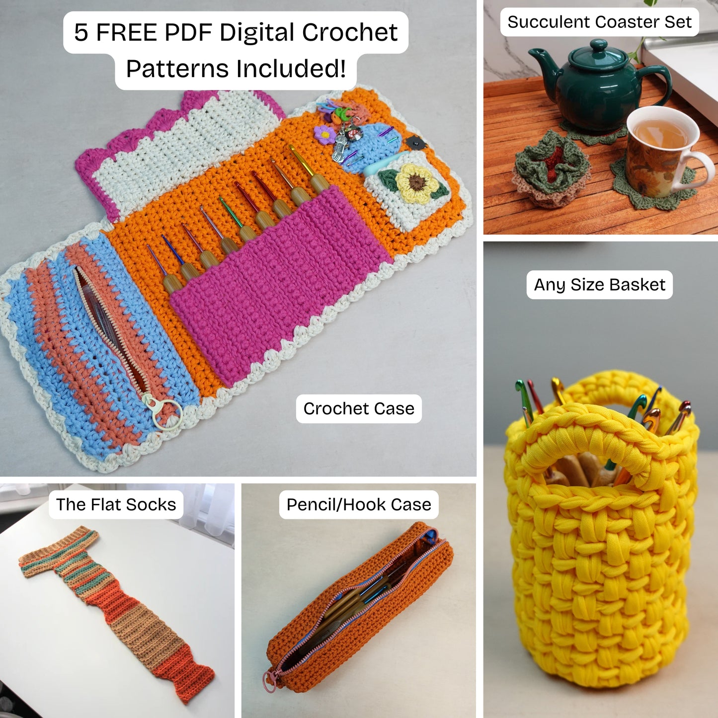 Rainbow Bamboo Crochet Hook Set - Ergonomic Colourful Hooks + 5 Bonus Patterns (PDF), Perfect Gift for Crocheters