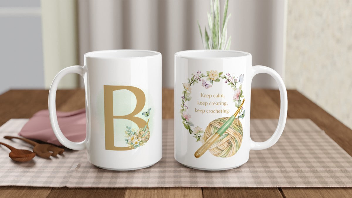 Personalised Floral Crochet Initial Mug - Custom Letter Gift for Crochet Lovers
