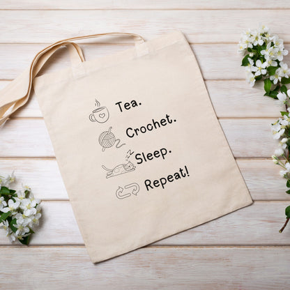 Tea. Crochet. Sleep. Repeat! Tote Bag by Brunaticality