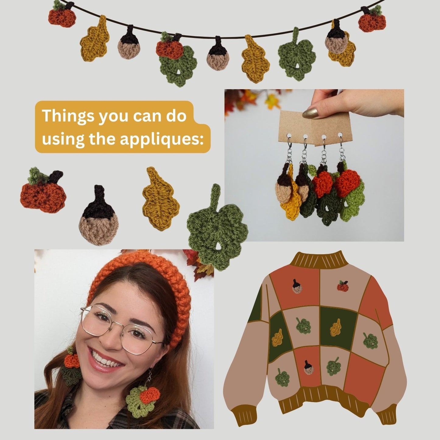 Crochet Autumn Appliques Set of 4, Crochet Written Pattern, Crochet, Brunaticality