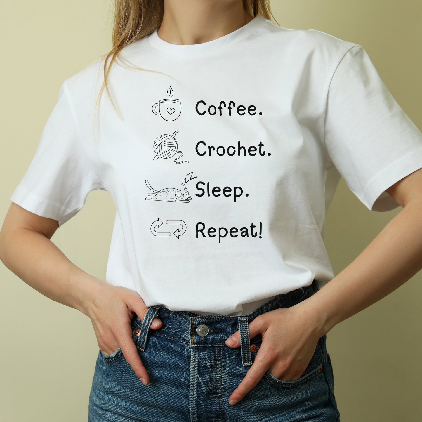 Coffee. Crochet. Sleep. Repeat! Colourful Relaxed Fit T-shirt by Brunaticality