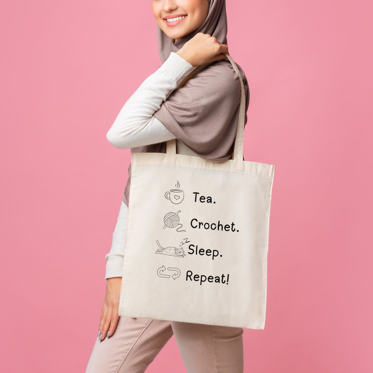 Tea. Crochet. Sleep. Repeat! Tote Bag by Brunaticality