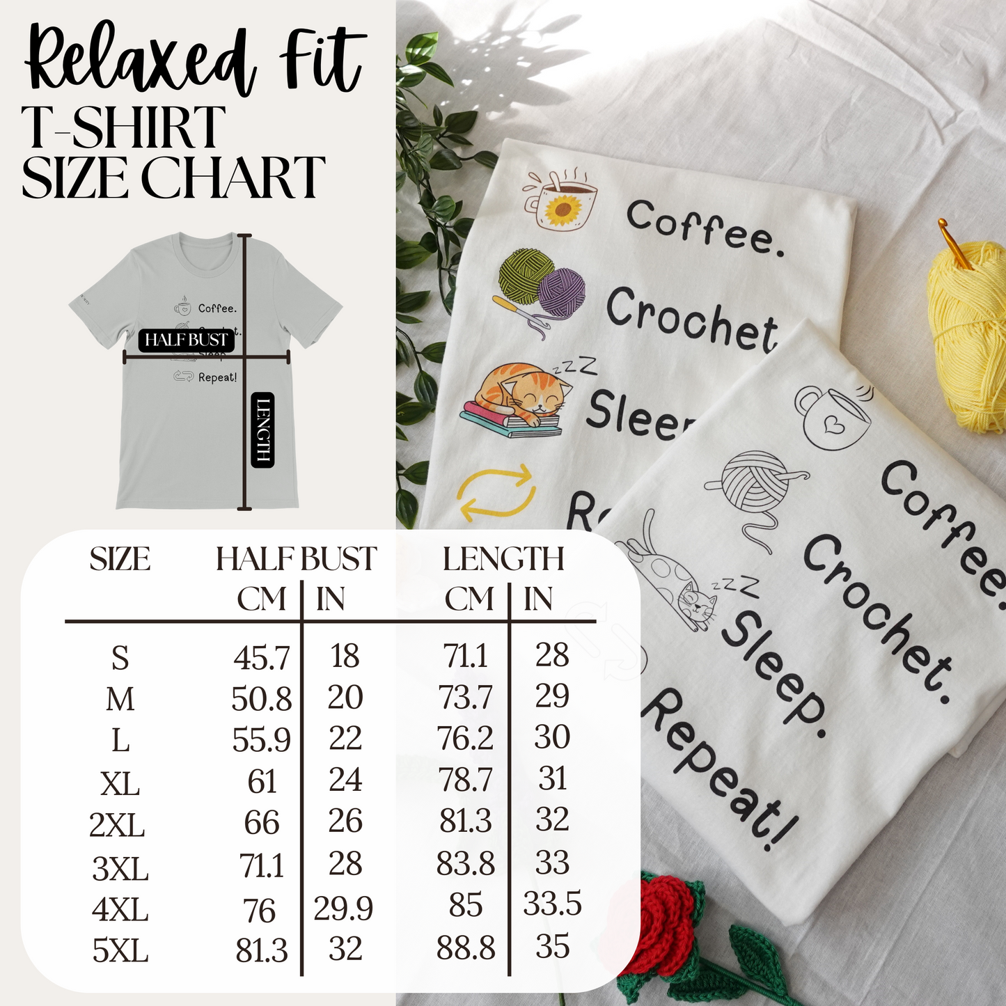 Coffee. Crochet. Sleep. Repeat! Colourful Relaxed Fit T-shirt by Brunaticality