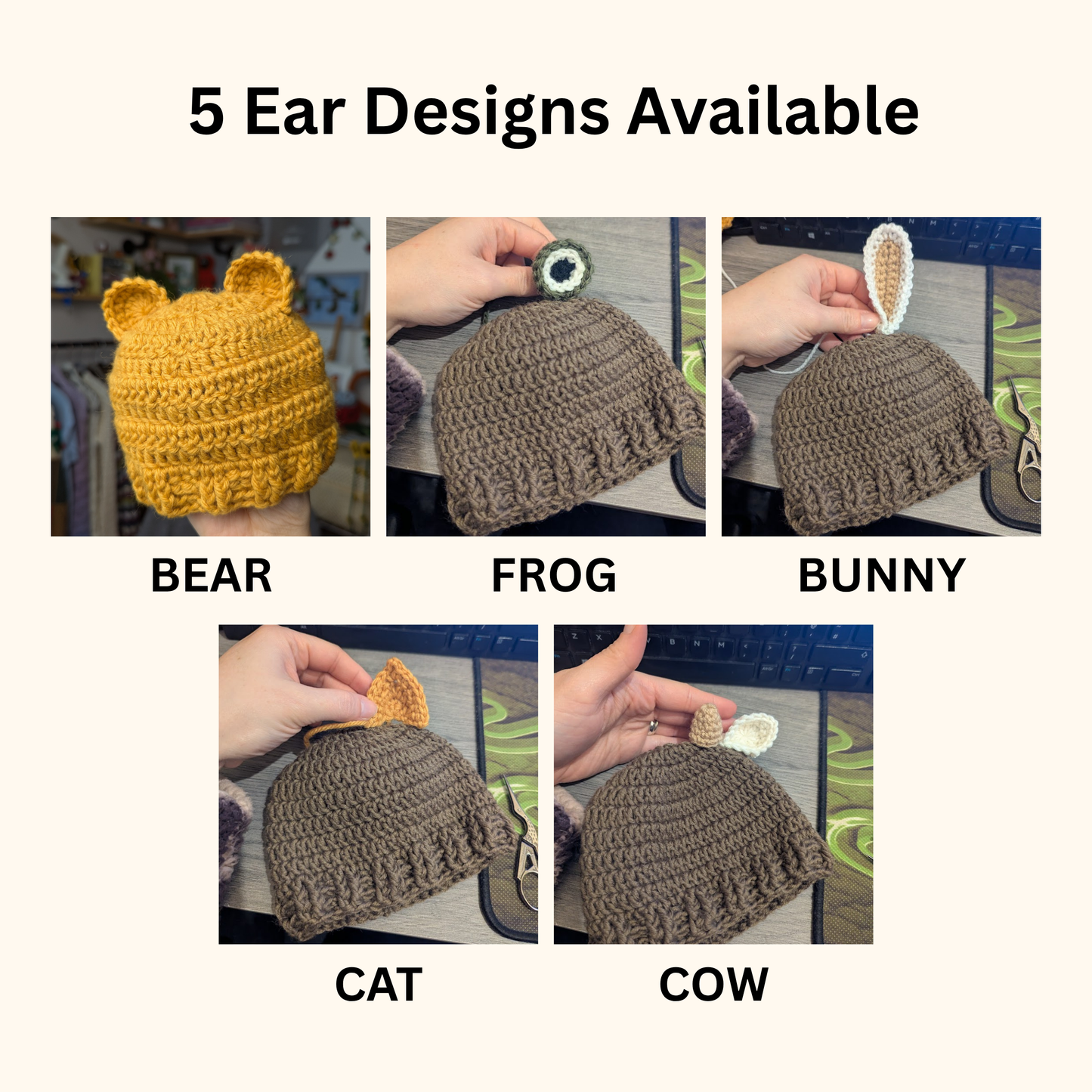 Easy Crochet Baby Beanie Crochet Pattern, Sizes 0-12 Months, Animal Hat Set, Bear Bunny Frog Cat Cow Ears, Crochet Baby Hat