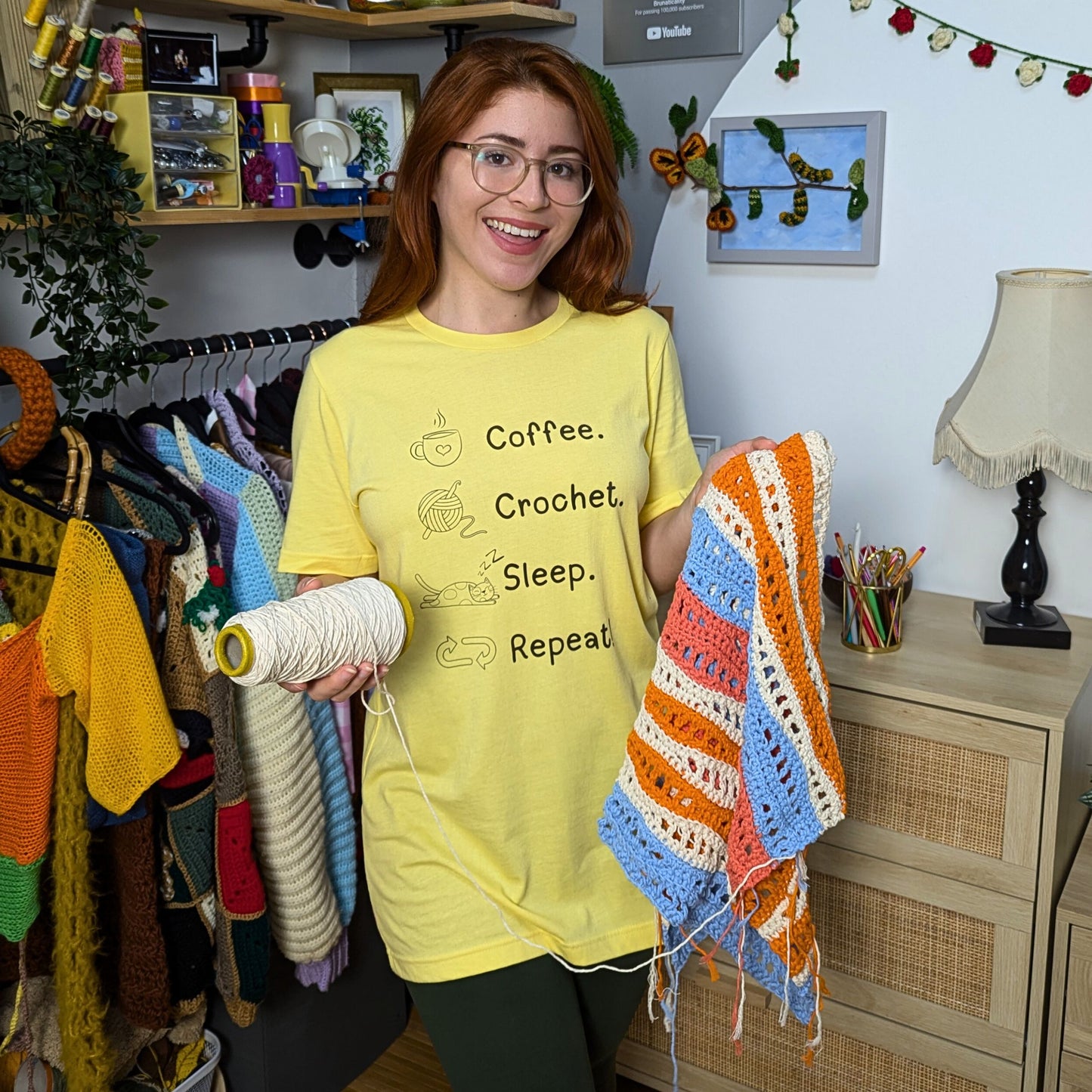 Coffee. Crochet. Sleep. Repeat! Colourful Relaxed Fit T-shirt by Brunaticality