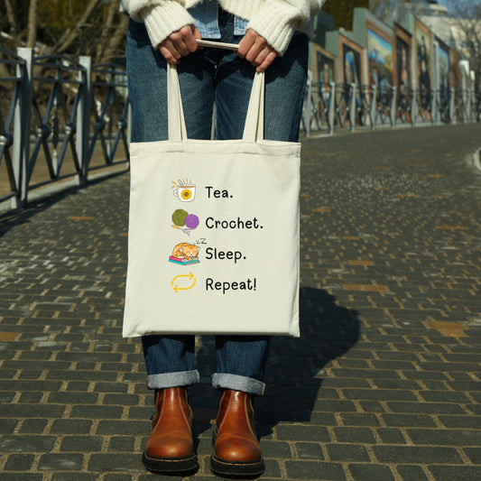 Tea. Crochet. Sleep. Repeat! Tote Bag by Brunaticality