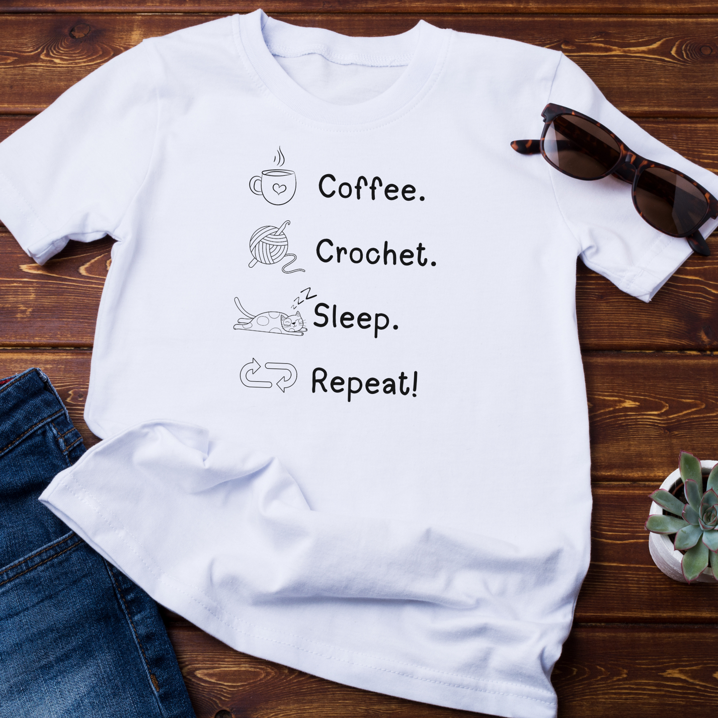 Coffee. Crochet. Sleep. Repeat! Colourful Relaxed Fit T-shirt by Brunaticality