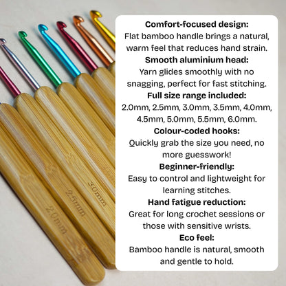 Rainbow Bamboo Crochet Hook Set - Ergonomic Colourful Hooks + 5 Bonus Patterns (PDF), Perfect Gift for Crocheters