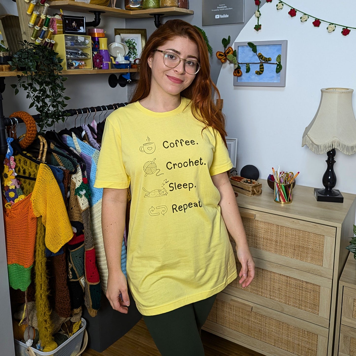 Coffee. Crochet. Sleep. Repeat! Colourful Relaxed Fit T-shirt by Brunaticality