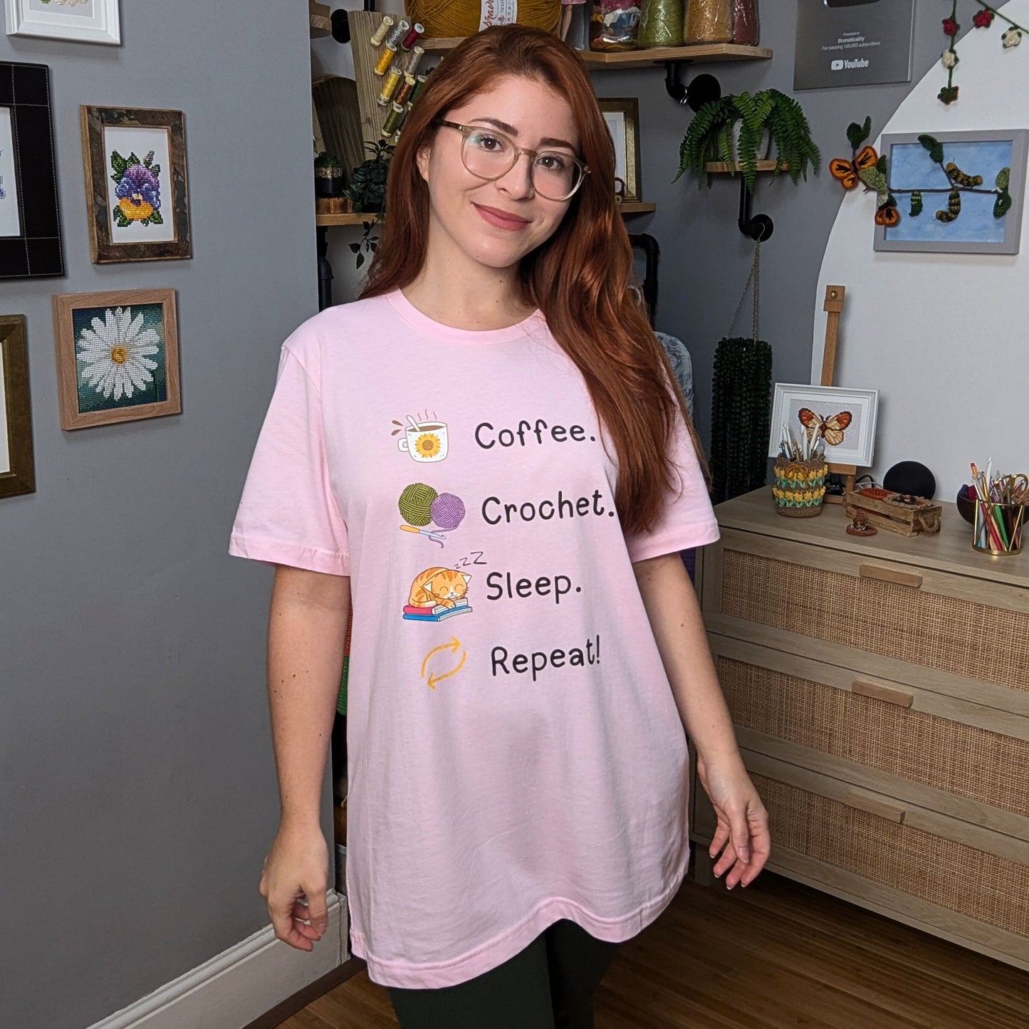 Coffee. Crochet. Sleep. Repeat! Colourful Relaxed Fit T-shirt by Brunaticality