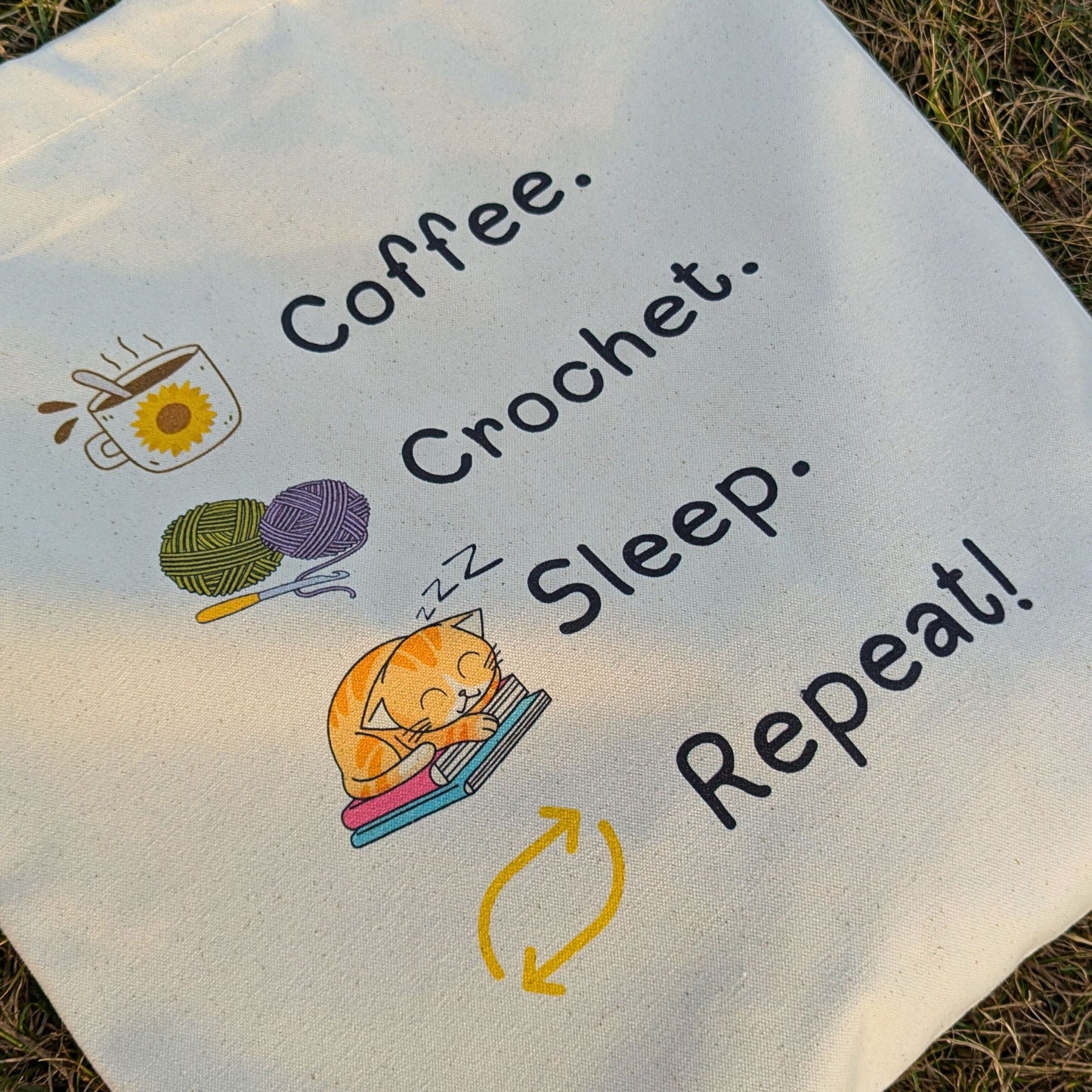 Coffee. Crochet. Sleep. Repeat! Tote Bag by Brunaticality