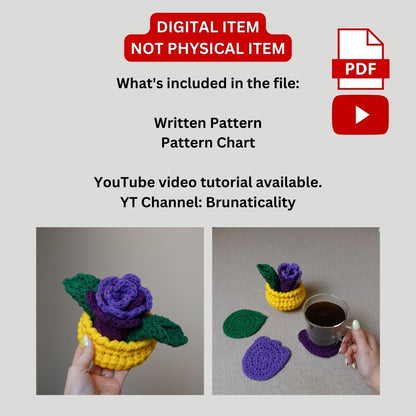 Crochet Tulip Flower Pot Coaster Set Written Pattern, flower crochet coaster, crochet flower pot coaster pattern, Brunaticality