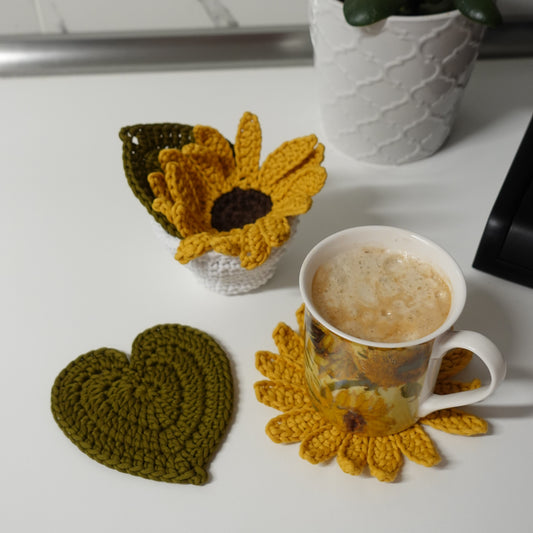 Crochet Sunflower Pot Coaster Set Written Pattern, crochet plant pot coaster pattern, Brunaticality