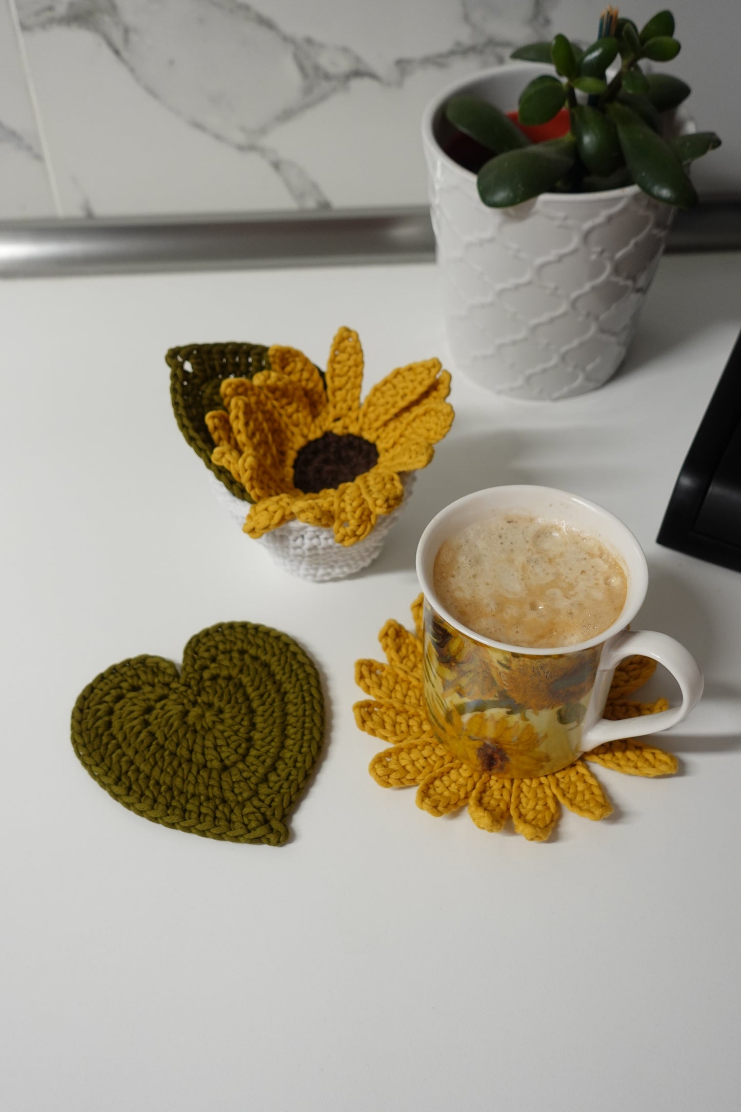 Crochet Sunflower Pot Coaster Set Written Pattern, crochet plant pot coaster pattern, Brunaticality